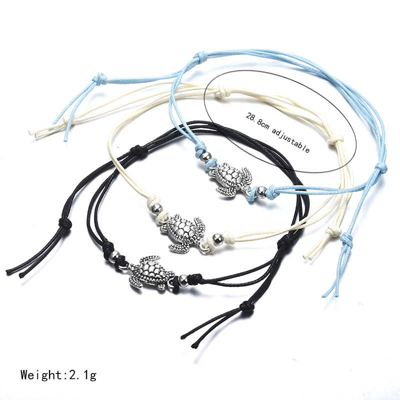 Wish Popular European and American Beach Anklet Antique Silver Three-Color Turtle Wax Rope Foot Ornaments Foot Accessories Suit Factory Direct Sales