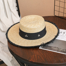 夏季大檐平顶男女士毛边太阳帽镶钻防晒遮阳麦秆国外旅行拍照草帽