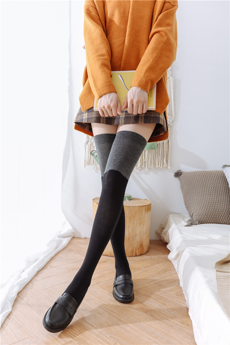 日系卡哇伊5色长筒拼色过膝袜 全棉抗起球女士大腿袜子性感socks