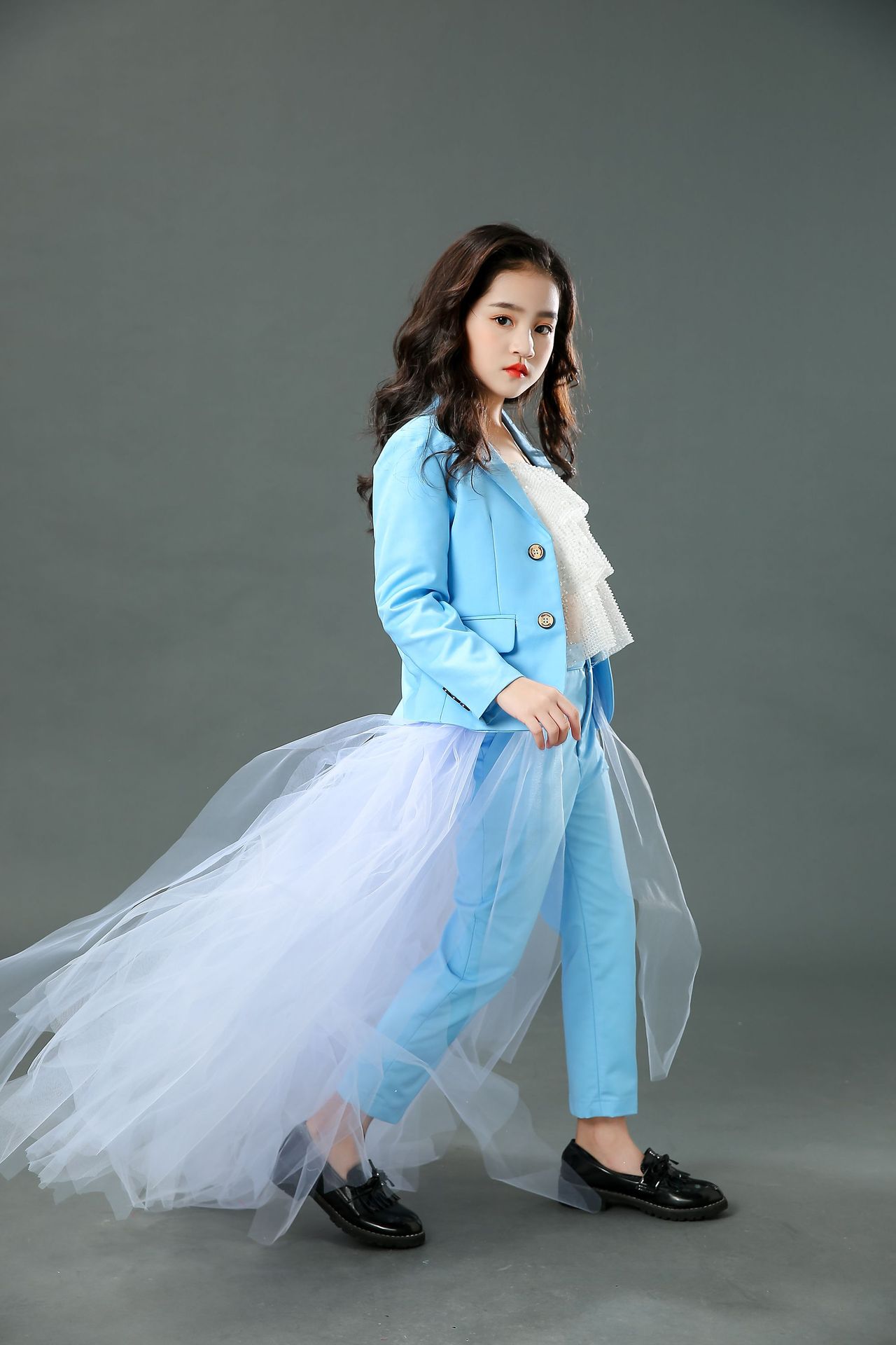 儿童礼服西服套装女童模特时尚走秀潮服个性蓝色洋气高端演出服秋