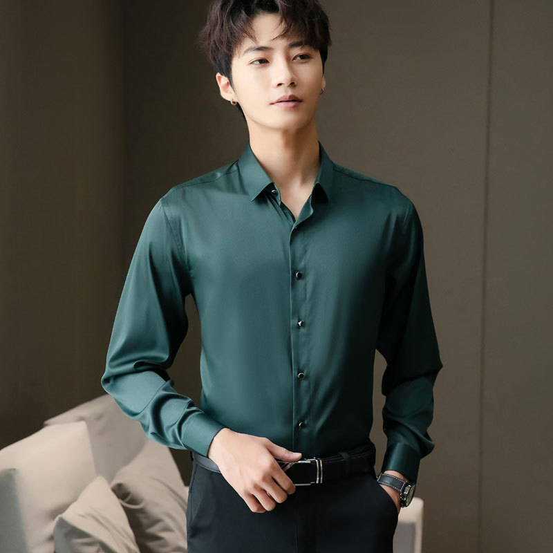 仿真丝丝绸潮男墨绿色亮面免烫长袖上班方领潮男衬衫方领衬衣