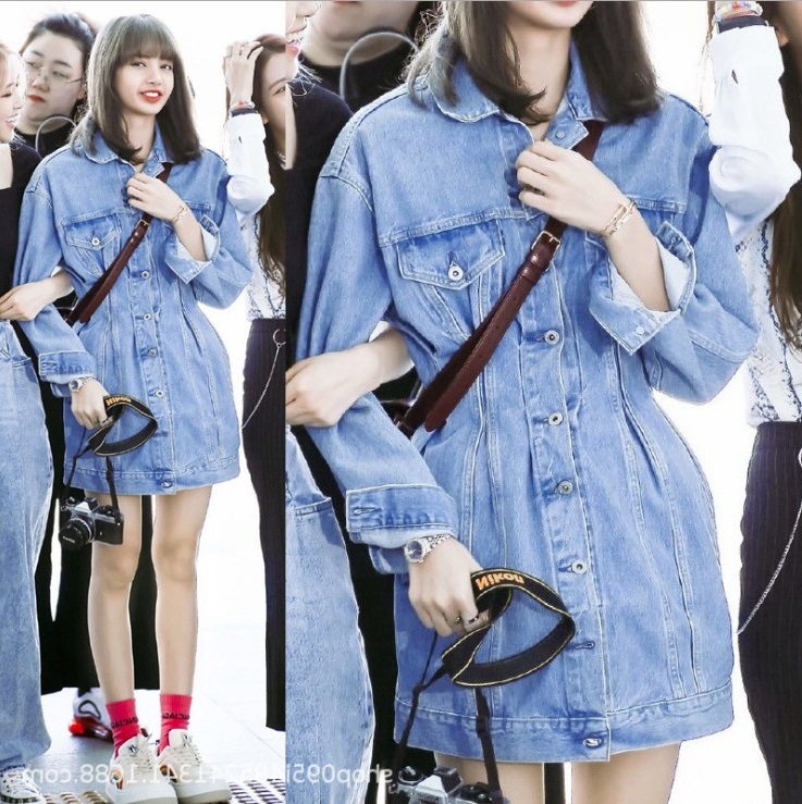 明星同款lisa收腰牛仔连衣裙韩版显瘦春秋季高品质a字裙外套女潮
