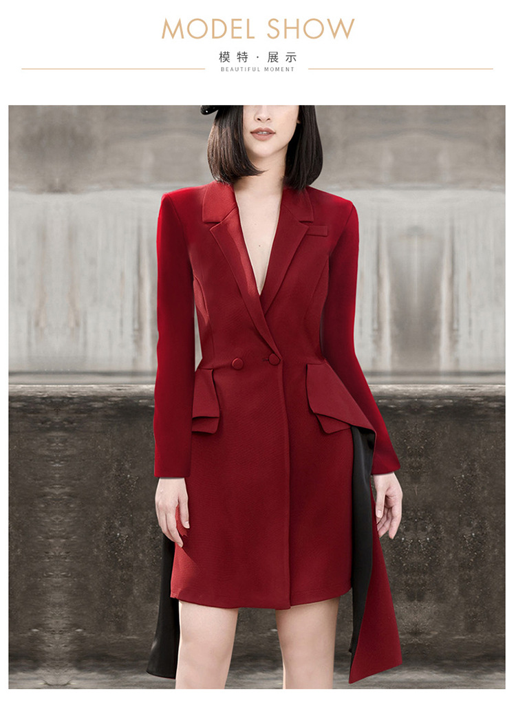 2020秋冬新款法国小众复古酒红色西装裙气质名媛年会礼服裙连衣裙