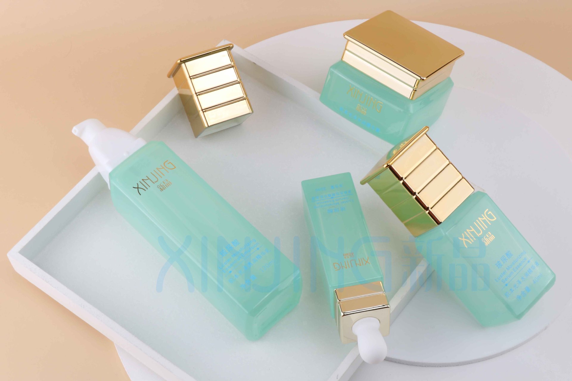 新晶玻璃xj-268化妆品玻璃瓶护肤品包装包材四方金色条纹院线瓶子