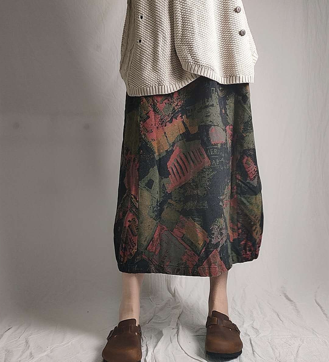 棉麻印花半身裙2020春秋新款文艺复古花苞裙灯笼裙百搭显瘦中长裙