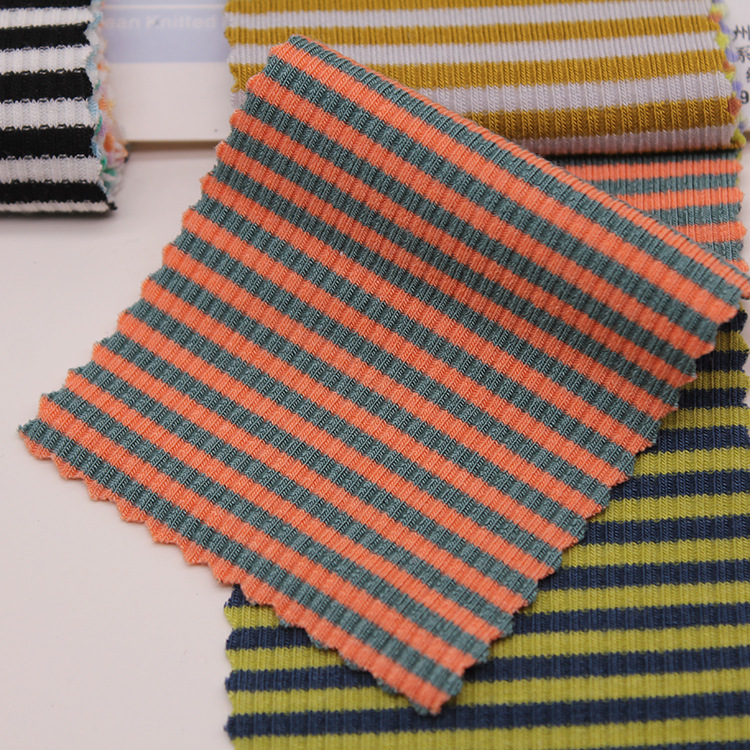 220克人棉彩条罗纹布横间彩虹条纹时装针织面料打底女装童装布料