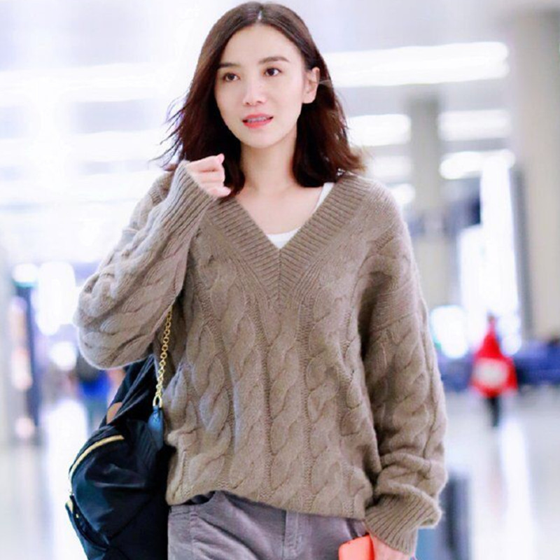 明星宋佳同款v领羊毛衫女宽松慵懒显瘦毛衣外穿麻花针织衫打底厚
