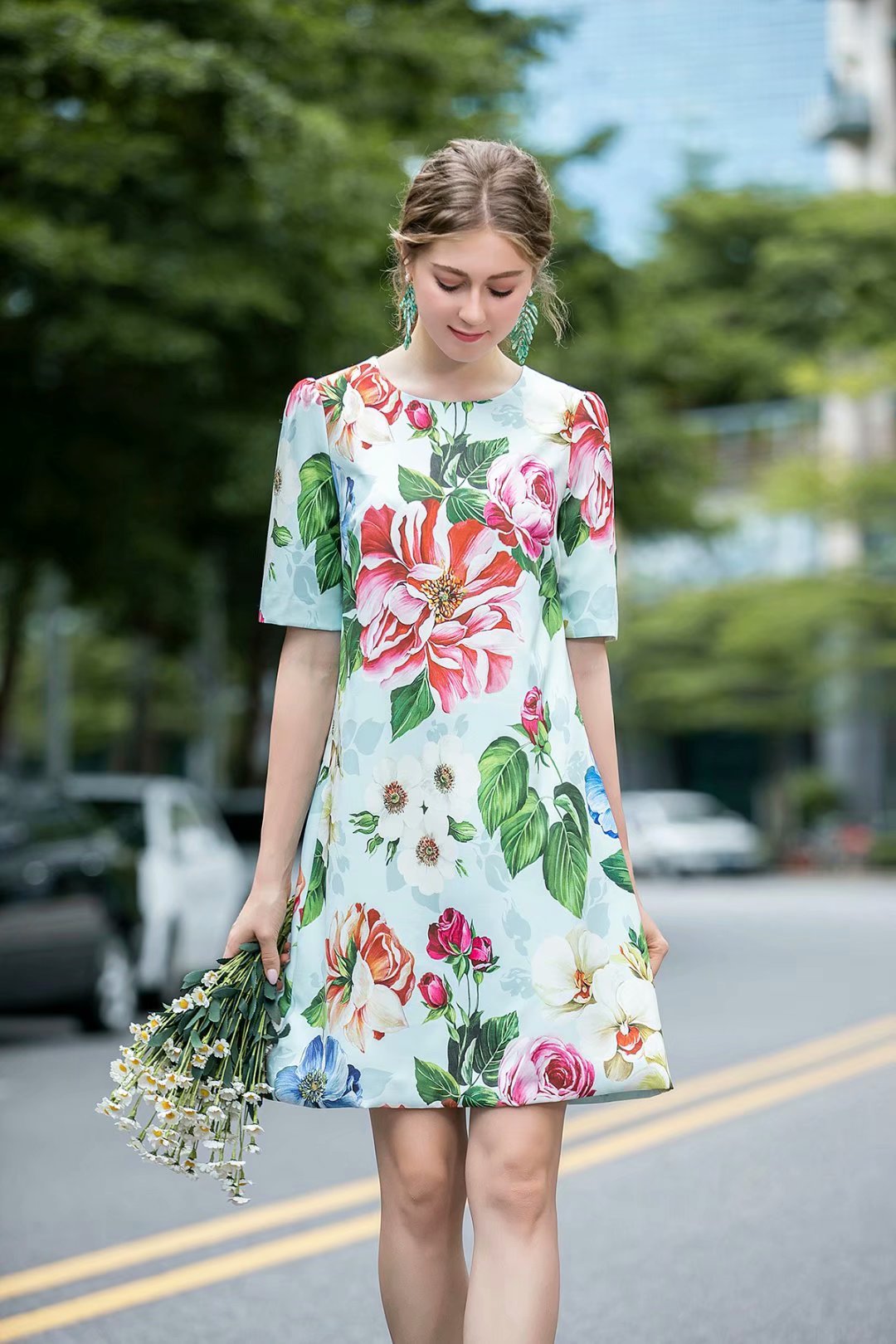 清新甜美20年夏季欧美女装新款 田园风花朵印花圆领短袖a字连衣裙
