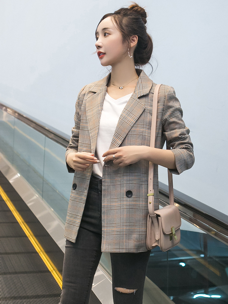 格子西装外套女2020春秋韩版格纹网红西服复古chic小西装上衣