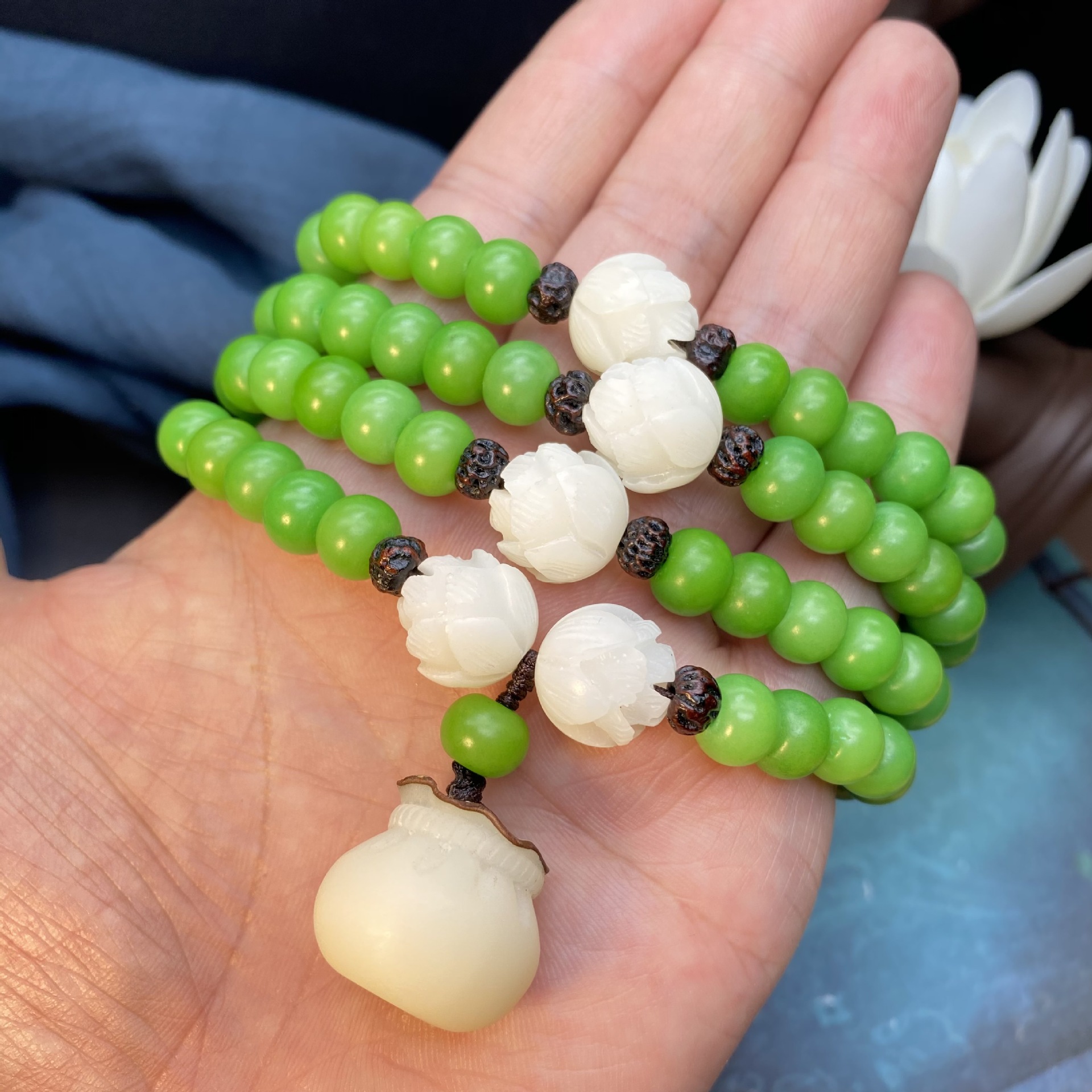 原创天然草木绿菩提根108颗佛珠手串女招财福袋时尚文艺项链 念珠