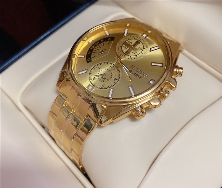 厂家rosra 圆盘金色钢手带表 黑面 男式石英手表批发一件代发