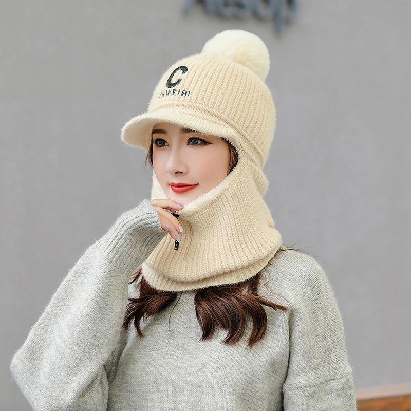 帽子女秋冬季加绒加厚百搭韩版潮冬天护耳保暖鸭舌毛线帽连体帽子