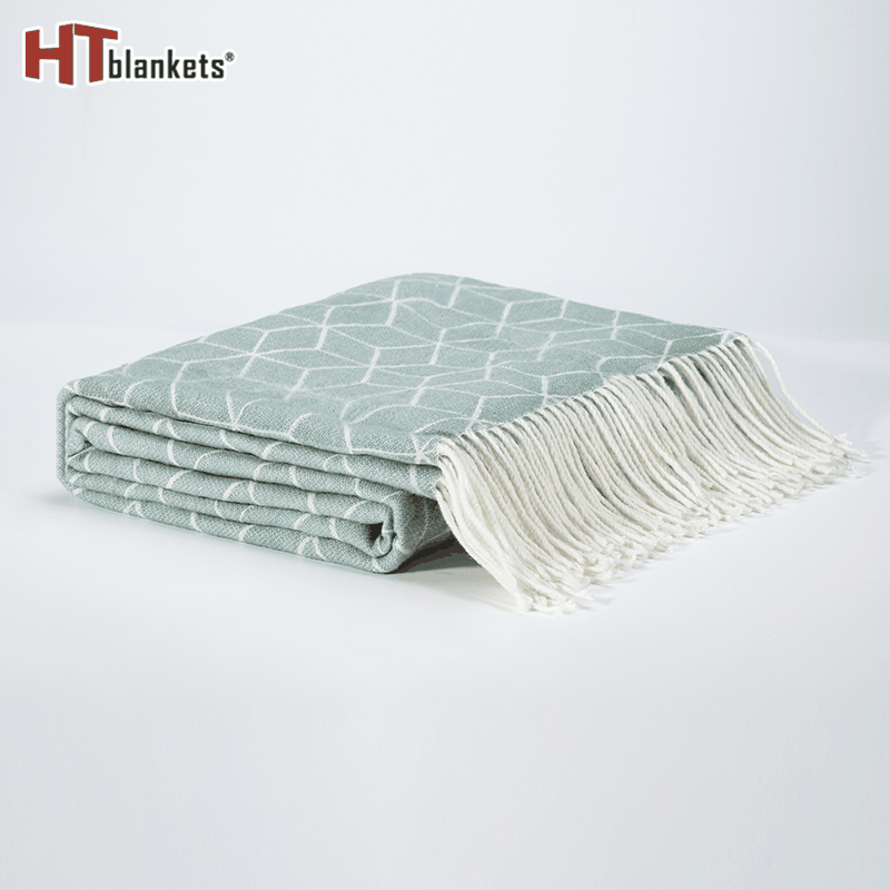 Light Green Geometric Pattern Tassel Blanket Plain Study and Bedroom Sofa Cover Cushion Exhibition Hall Soft Decoration Nap Blanket