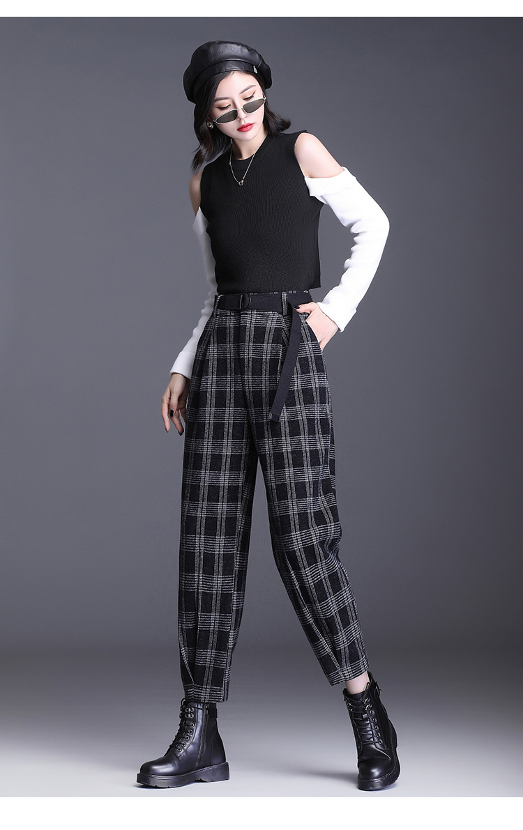 毛呢2020秋冬新款格子哈伦裤女韩版宽松洋气小个子直筒休闲裤长裤