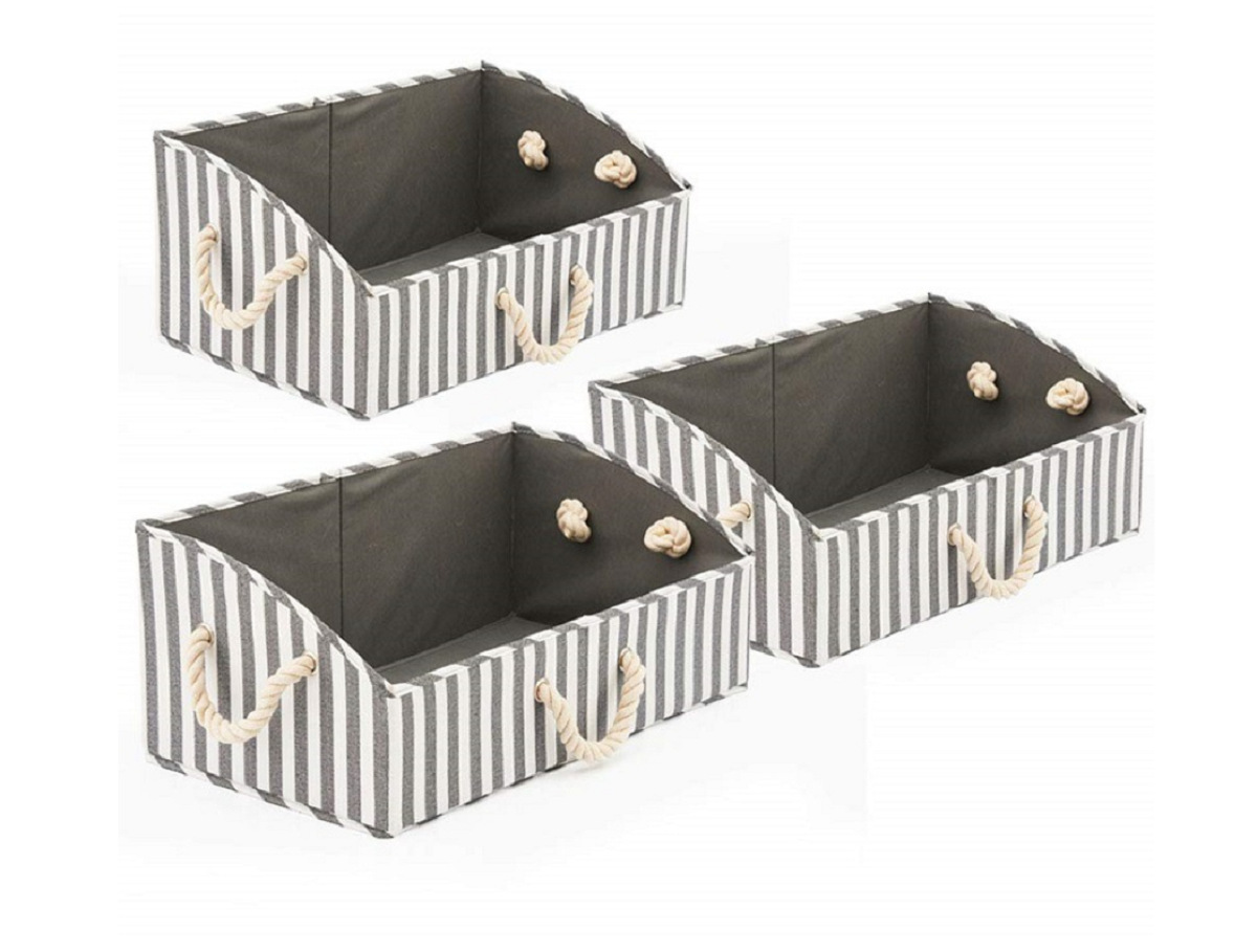 黑白条纹棉麻布棉绳斜口梯形收纳盒玩具收纳箱书桌收纳整理箱