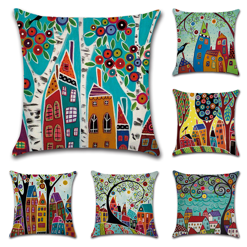 Cross-Border New Arrival Pillow Abstract House Trees Linen Sofa Decoration Pillow Cover Bay Window Decoration Throw Pillowcase