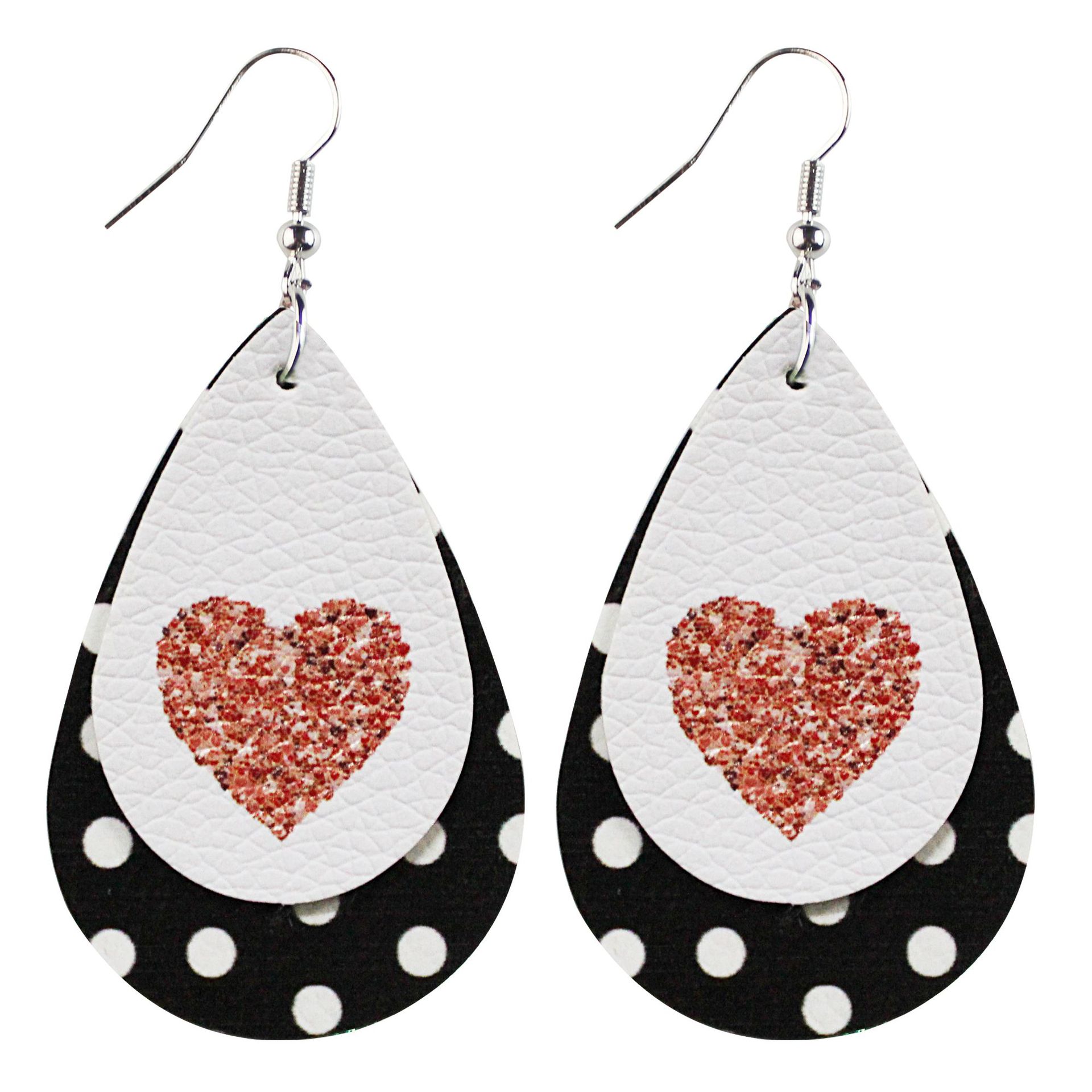 Valentine's Day Love Polka Dot Leather Double-Layer Earrings Water Drop Plaid Animal Print Cross-Border Amazon