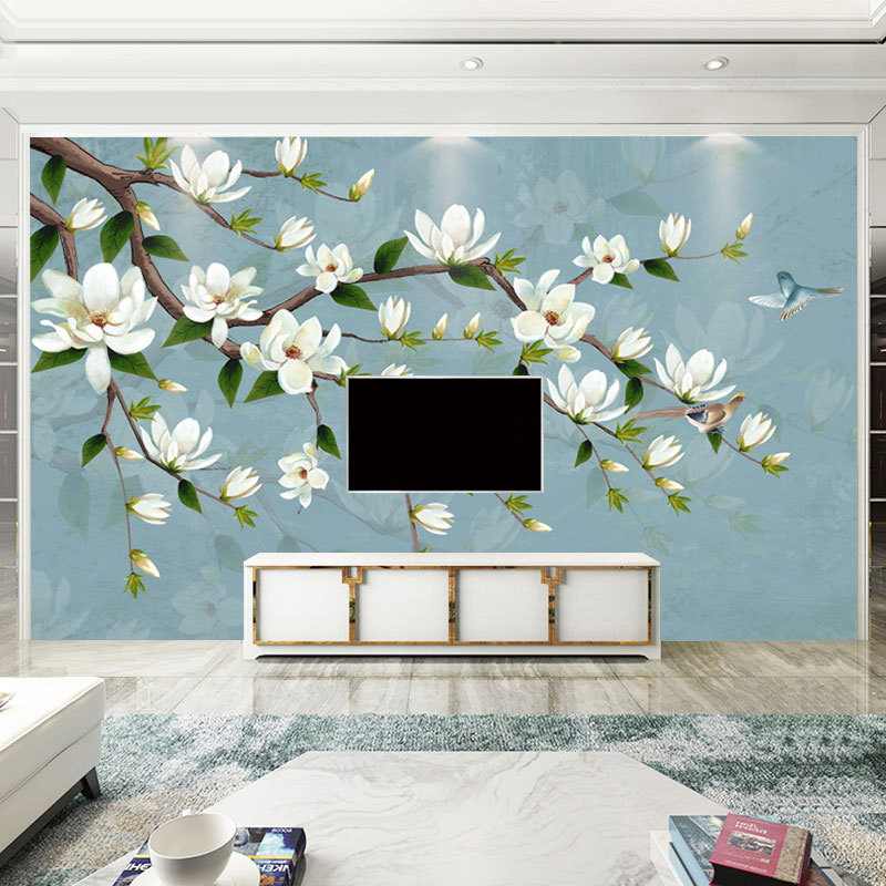 新中式兰手绘工笔花鸟电视背景墙壁纸现代简约客厅卧室无缝3d壁布