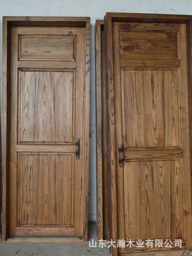 老榆木别墅大门仿古实木庭院农村大门进户门对开复古乡村铜门定制