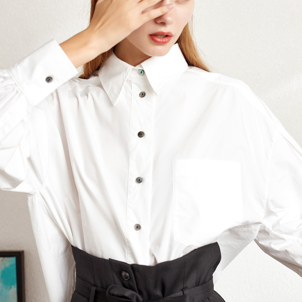 百搭棉休闲蝙蝠袖宽松落肩纯白色衬衫上衣2022春季新款女装