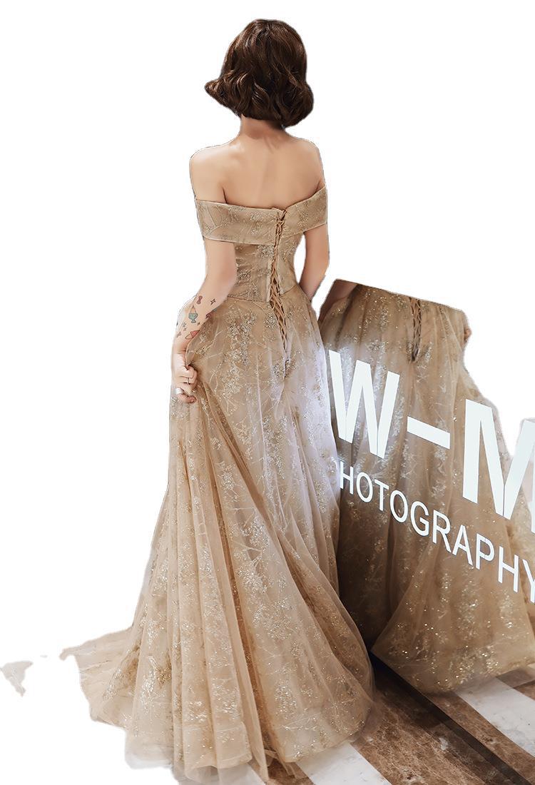 一字肩晚礼服裙女宴会气质长款时尚名媛仙气飘纱香槟色年会连衣裙