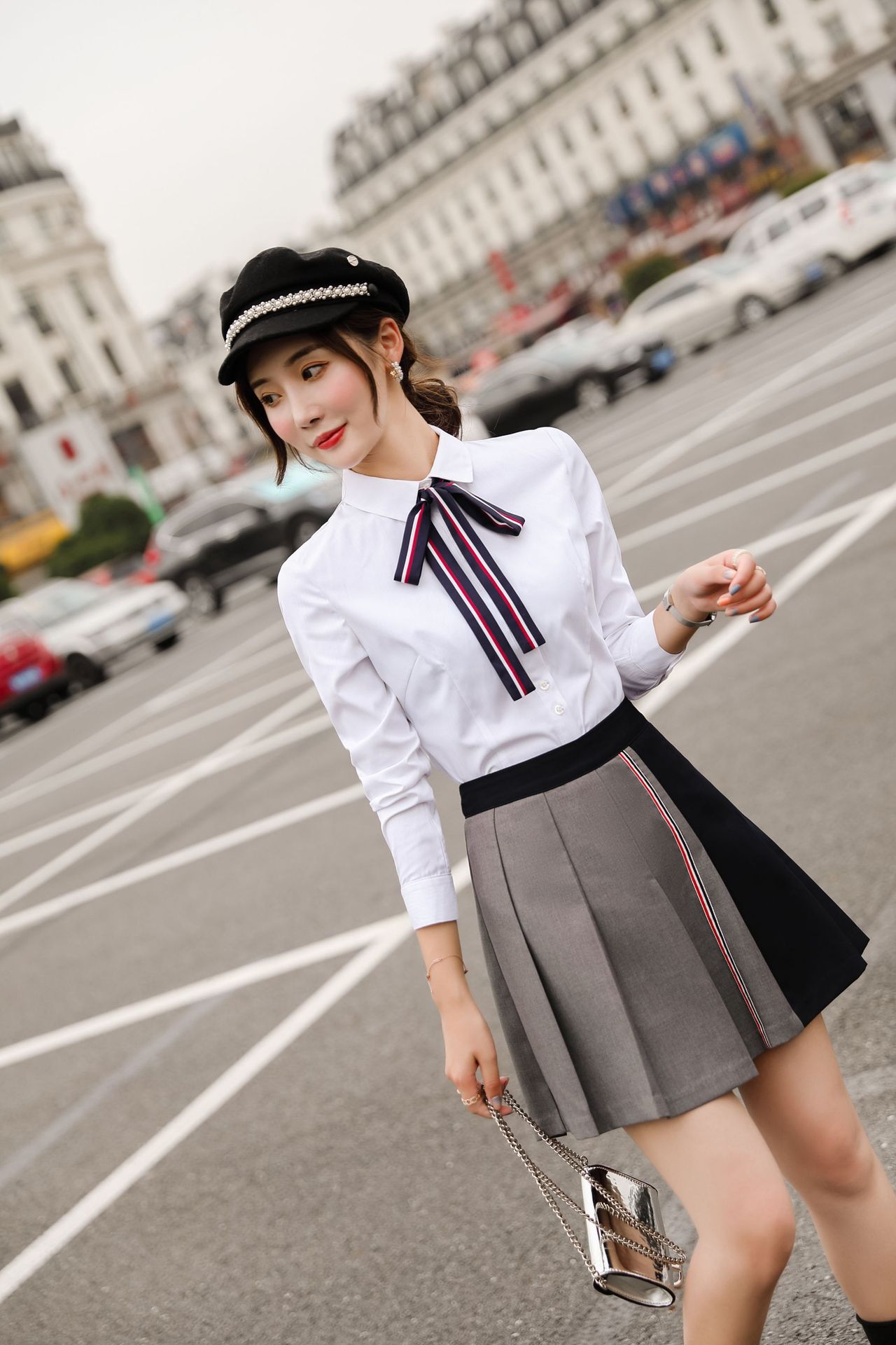 2020秋纯色学院风两件套长袖白衬衫百褶裙套装气质束腰学生装jk