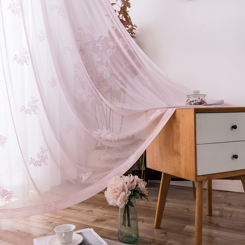 月珑纱窗帘网纱纱帘粉色蕾丝网红主播卧室透明薄纱布料仙气落地窗