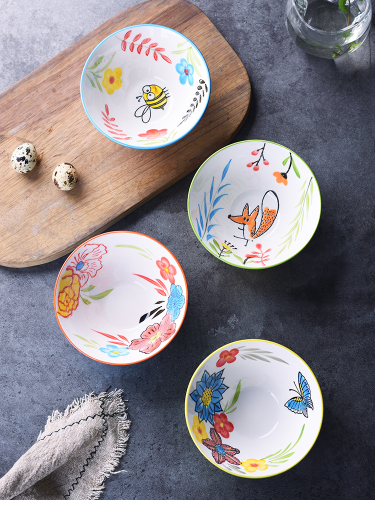 现货网红可爱创意餐具手绘釉下彩个性陶瓷碗5英寸斗笠碗 礼盒套装