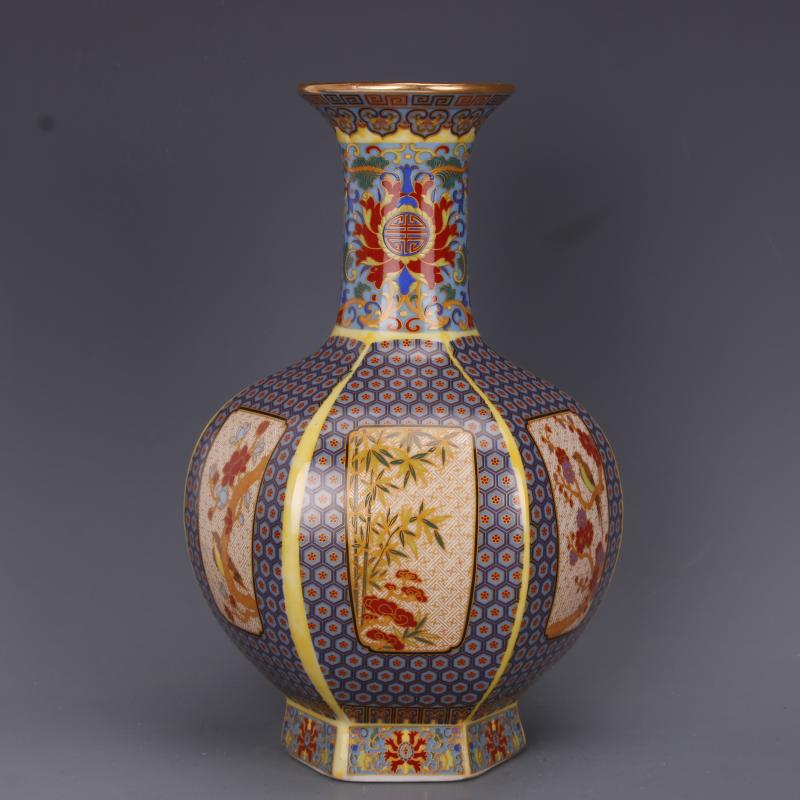 清雍正描金珐琅彩花鸟六方天球瓶仿古工艺瓷器家居中式古玩老摆件