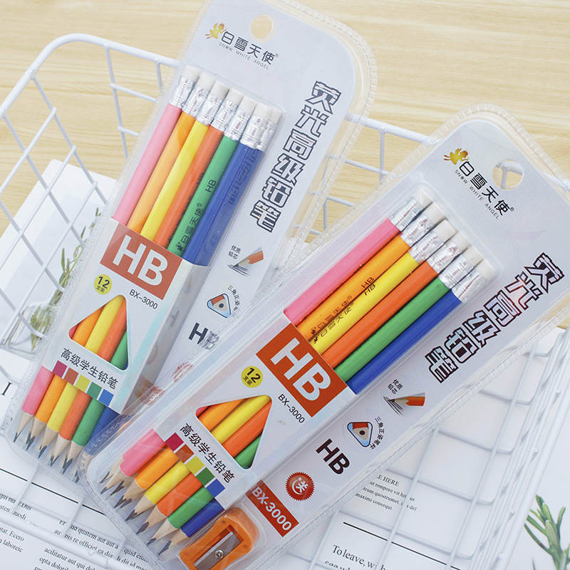 snow white angel fluorescent senior student pencil triangle pole with rubber hb children‘s writing pen free pencil sharpener wholesale