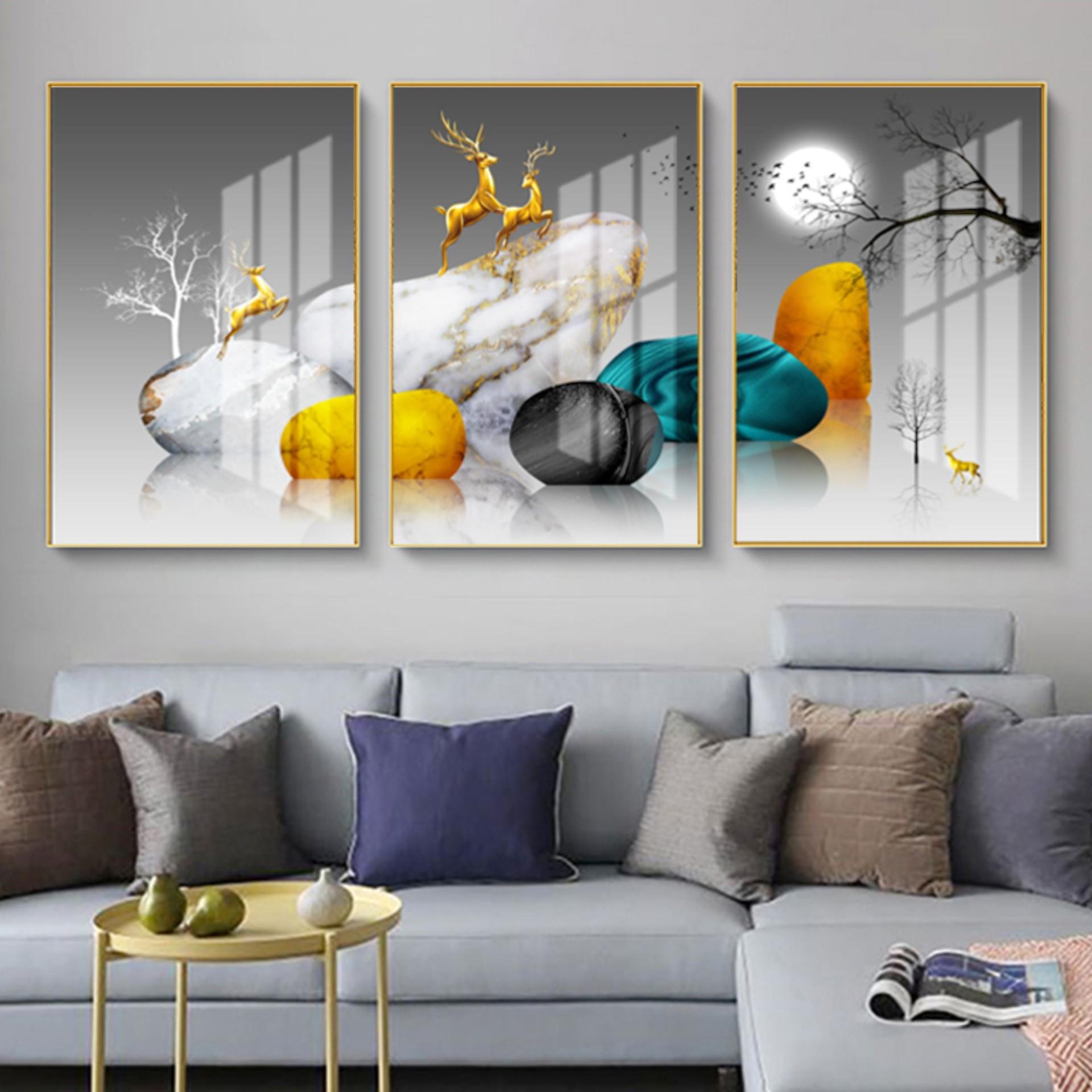 福禄招财麋鹿客厅装饰画晶瓷三联画现代简约沙发背景墙画轻奢挂画