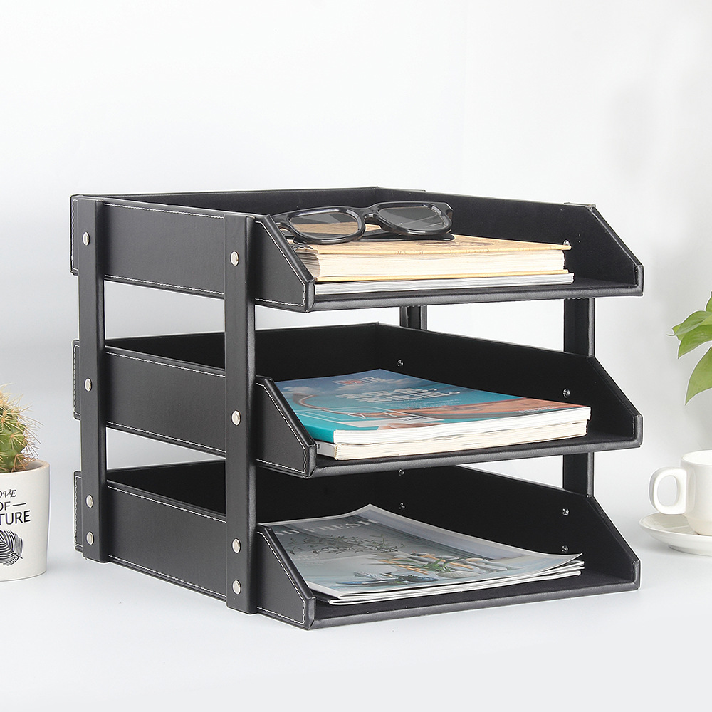 文件栏皮质三层文件架文员桌面收纳整理文件盘商务资料架办公用品