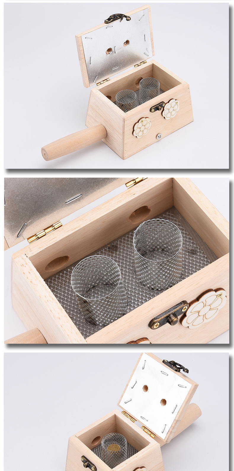 批发木质艾灸盒带手柄实木家用随身艾灸仪器无油漆艾绒艾柱艾灸盒