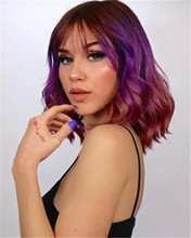 亚马逊欧美假发 女士中分短发 黑紫棕红渐变短卷发 厂家现货 wigs