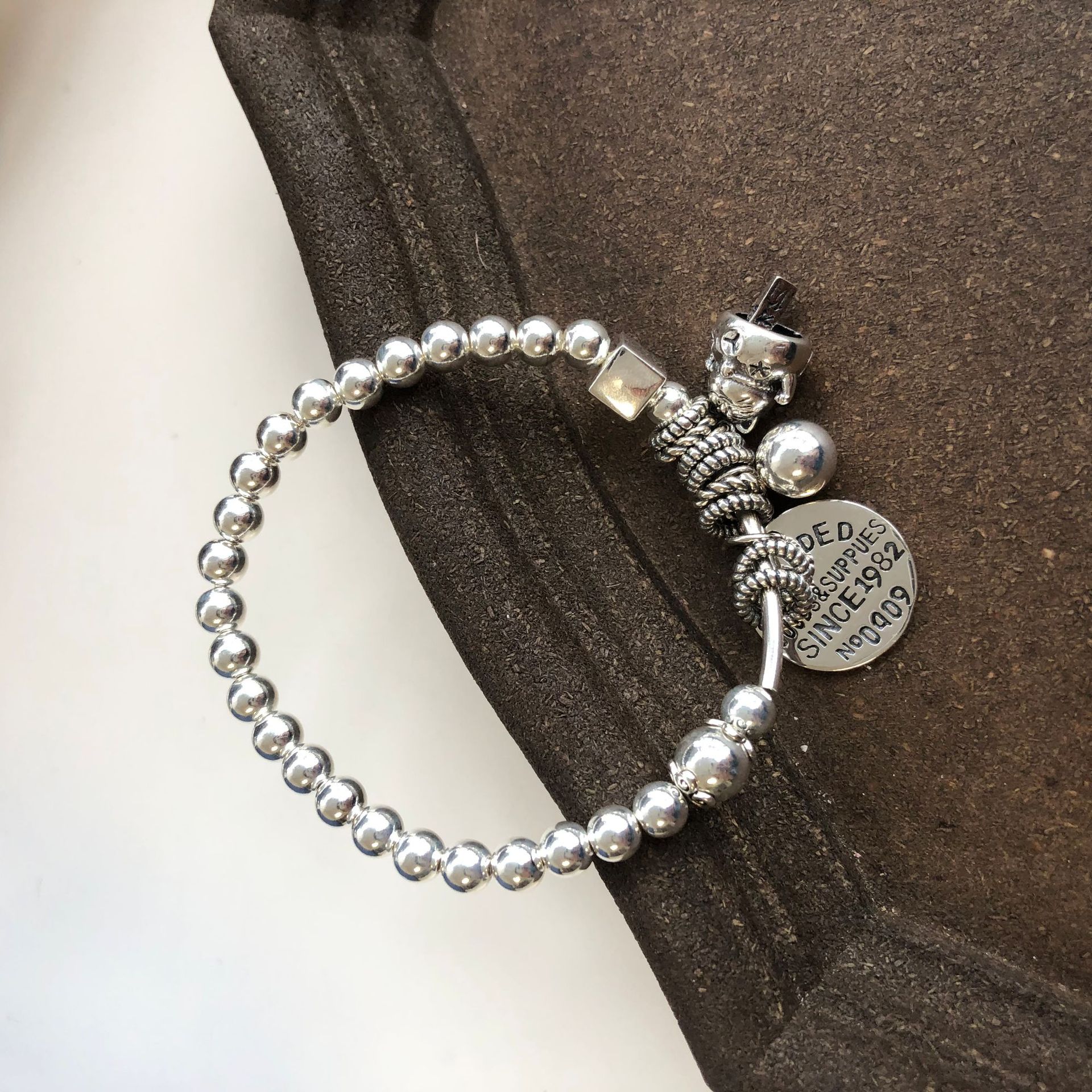 s925纯银手链复古手工泰银猫圆牌银珠手串礼物百搭6164