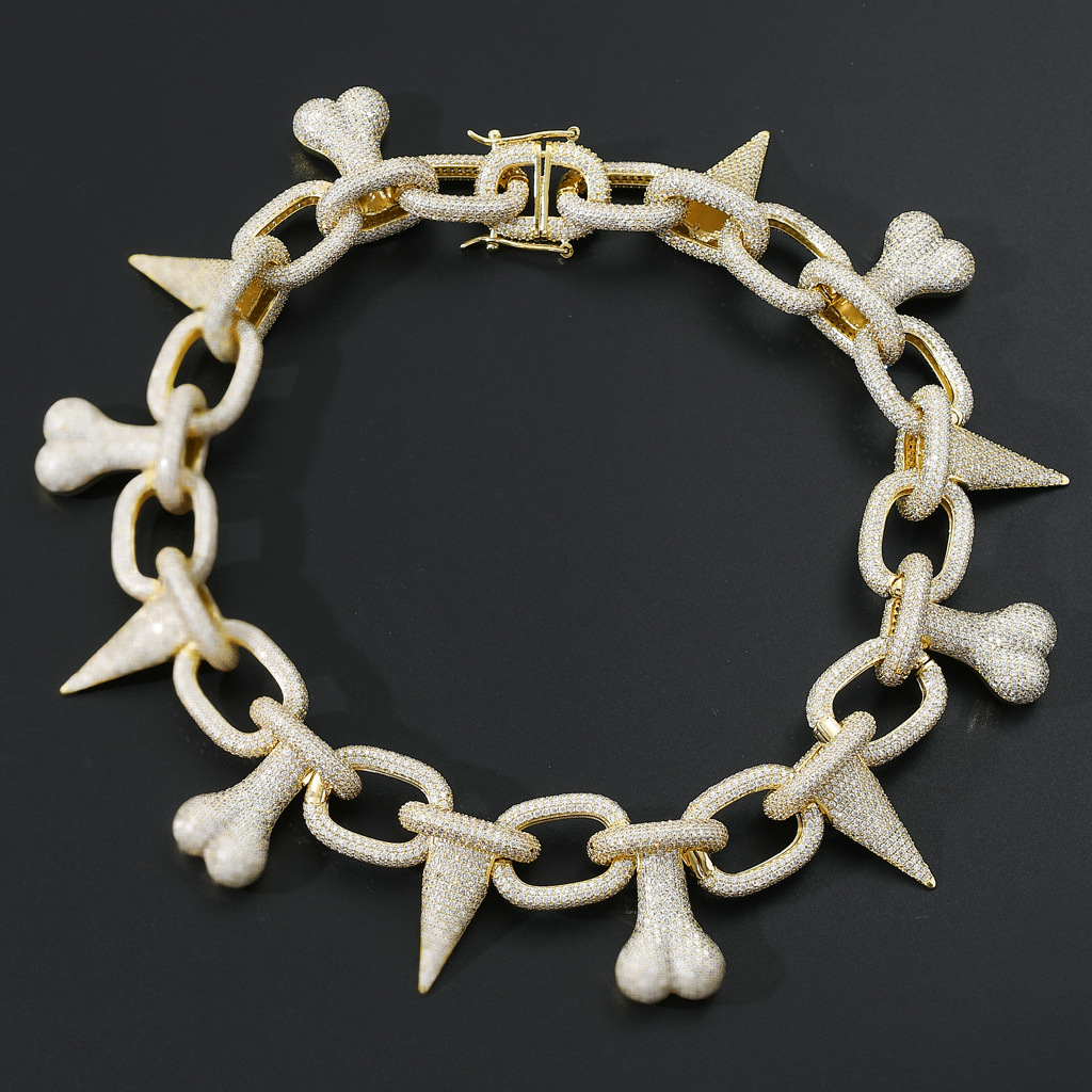 亚马逊欧美新款骨头尖刺项链嘻哈夸张潮人项坠微镶锆石hiphop项链