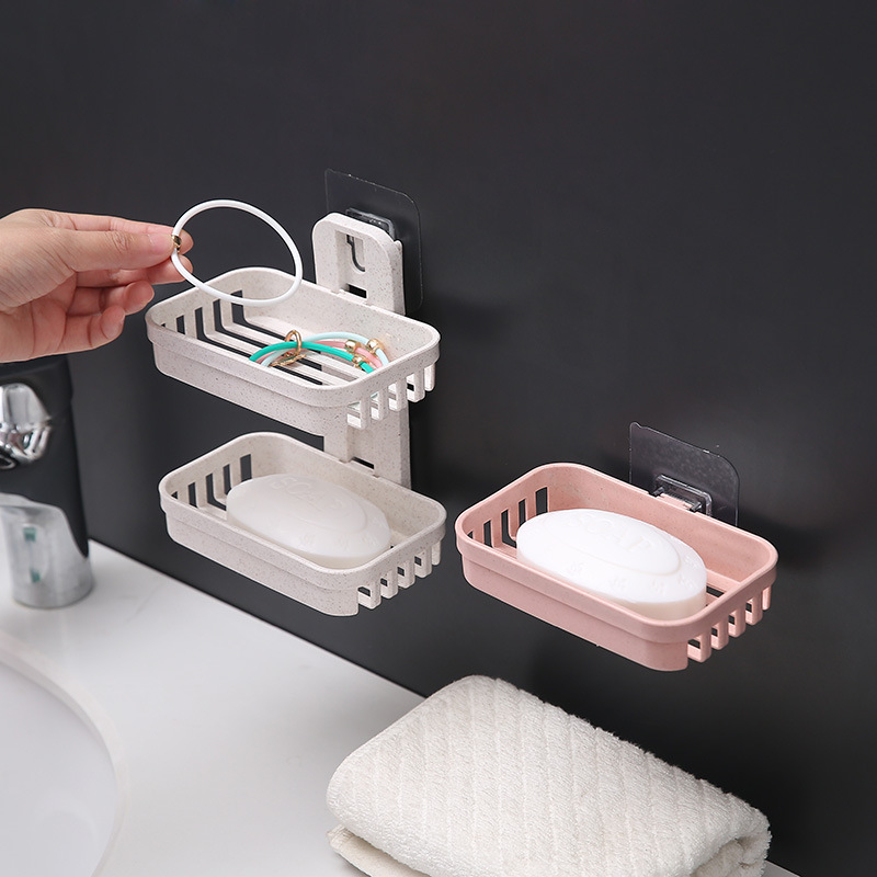 Punch-Free Soap Holder Bathroom Draining Ideas Wall Hanging Soap Holder Bathroom Rack Suction Cup Double Deck Soap Box