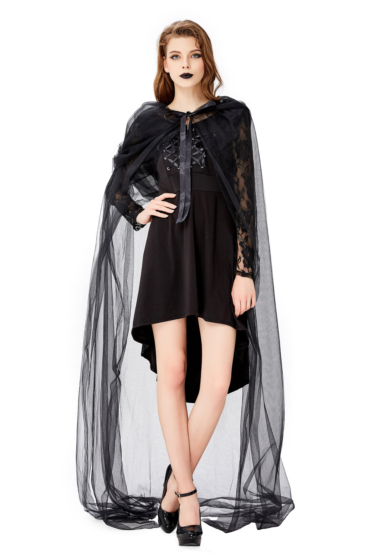 万圣节狂欢派对 薄纱长款披风 邪恶绑带女巫 黑暗巫婆装扮 舞台服采购