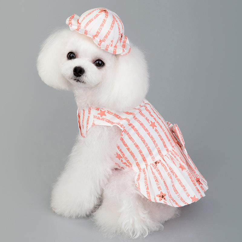 2020春夏新款宠物衣服竖条带帽公主裙博美中小型宠物服装一件代发