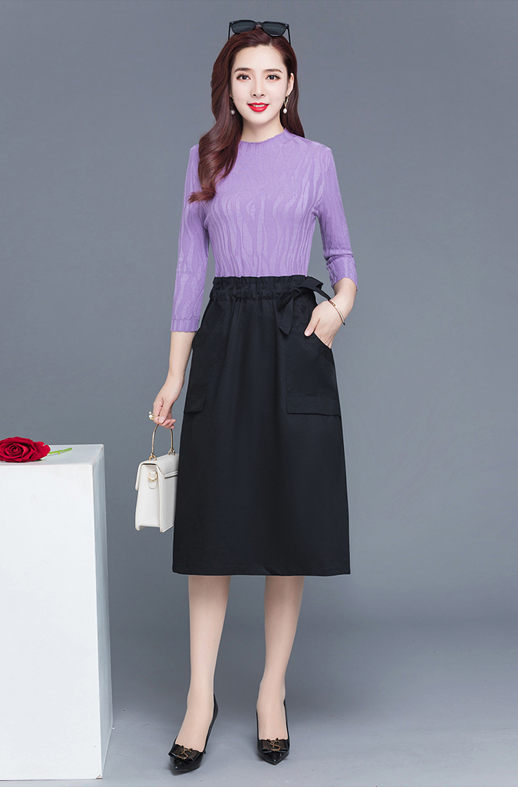 青春夫人2020新款秋天连衣裙气质阔太太长袖过膝中长款大码连衣裙