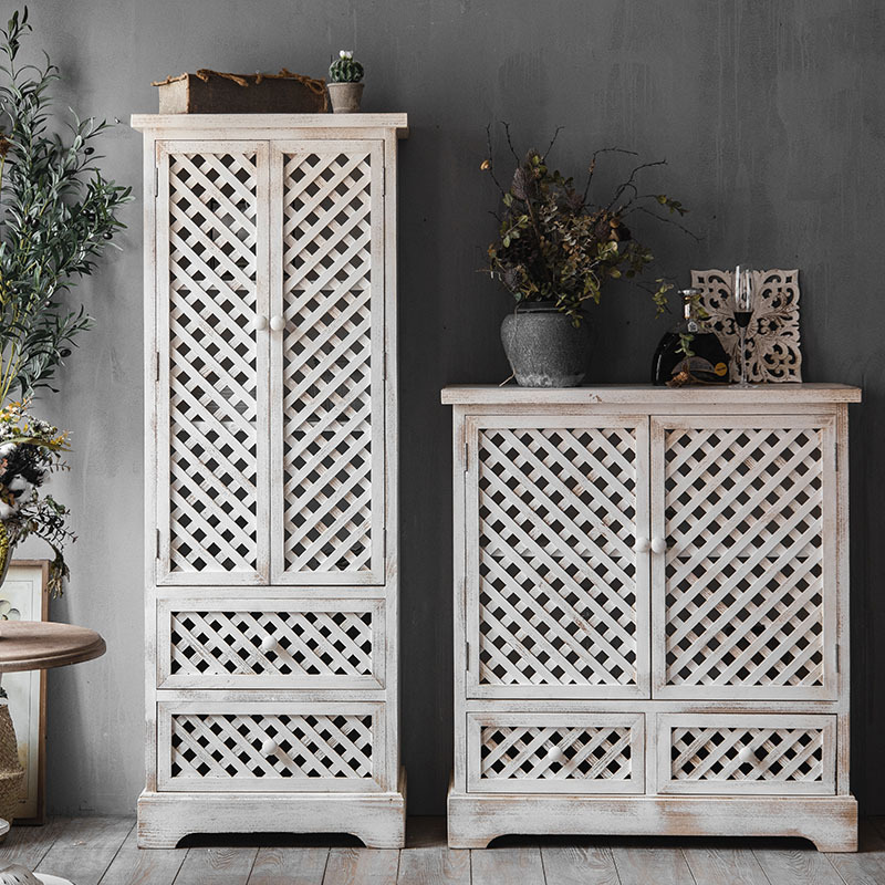 美式复古实木网格储物高柜子 装饰立柜做旧家居电视柜民宿餐边柜
