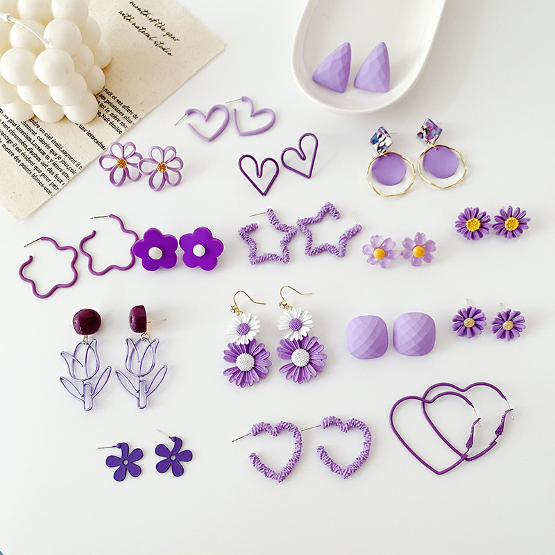 2024 new online sensation heart silver stud earrings fresh paint flower ear clip pendant high cold purple earrings