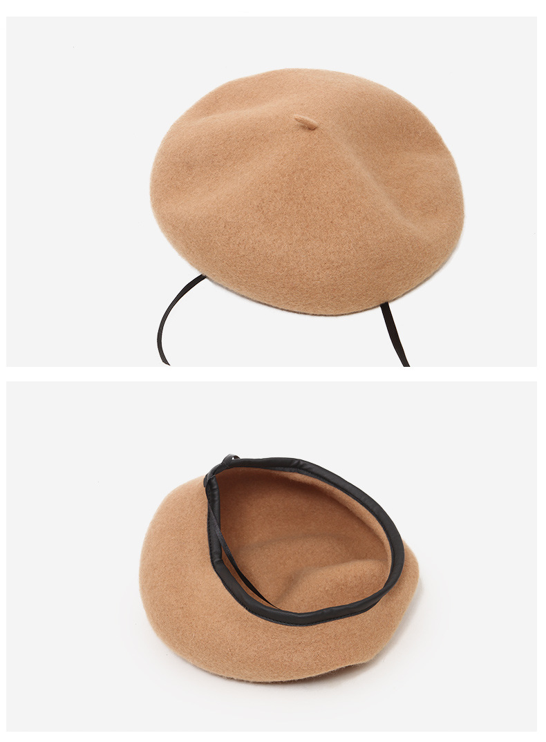 皮包边蘑菇帽加厚可调节帽子复古文艺气质羊毛女帽潮搭秋冬保暖帽