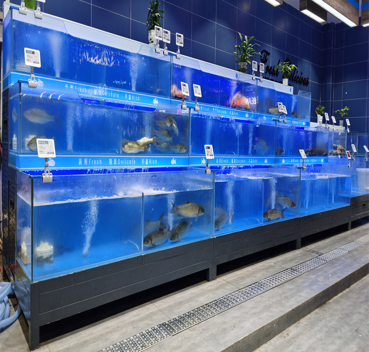佛山海鲜池厂可上门定制超市海鲜池展示柜 超白夹胶玻璃观赏鱼缸