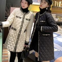 棉衣女冬季欧洲站新款韩版编织菱形格轻薄中长款棉服女装棉袄外套