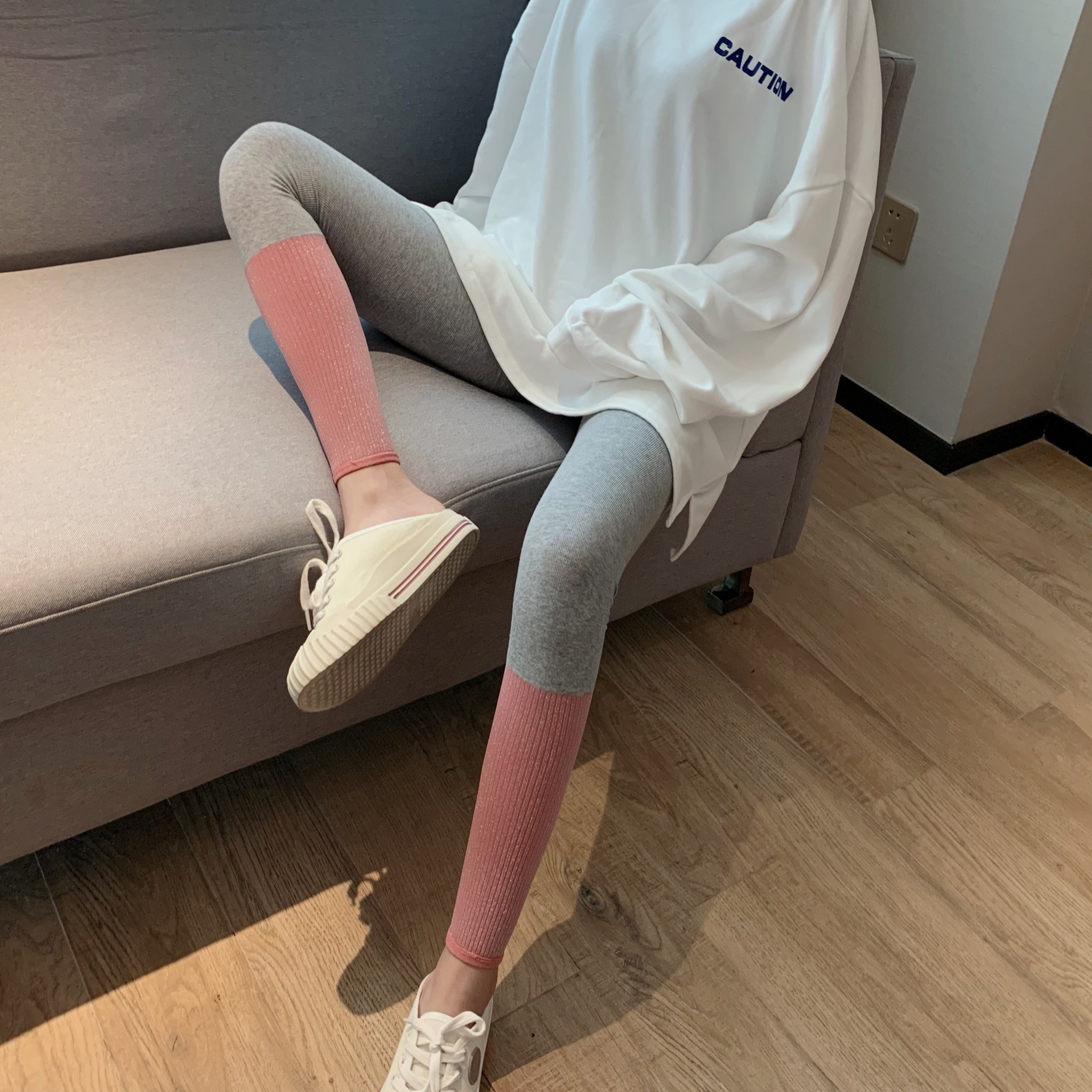 实拍假堆堆袜拼色银丝打底裤外穿紧身显瘦百搭小脚裤美腿袜裤