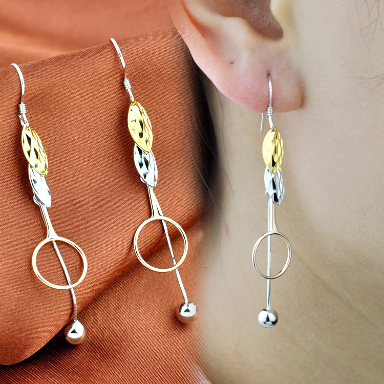 彩银耳环女s925纯银镀彩金流苏耳环时尚长款耳环大耳环女韩版银饰