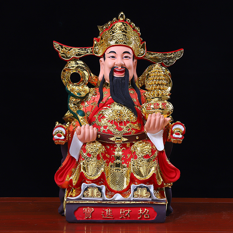 财神佛像神像手拿如意托聚宝盆材质树脂仿铜写有招财进宝厂家批发