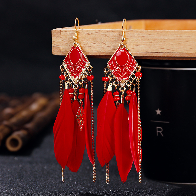 Cross-Border Supply European and American Popular Ornament Tassel Bohemian Red Earrings Vintage Feather Earrings Creative Gifts