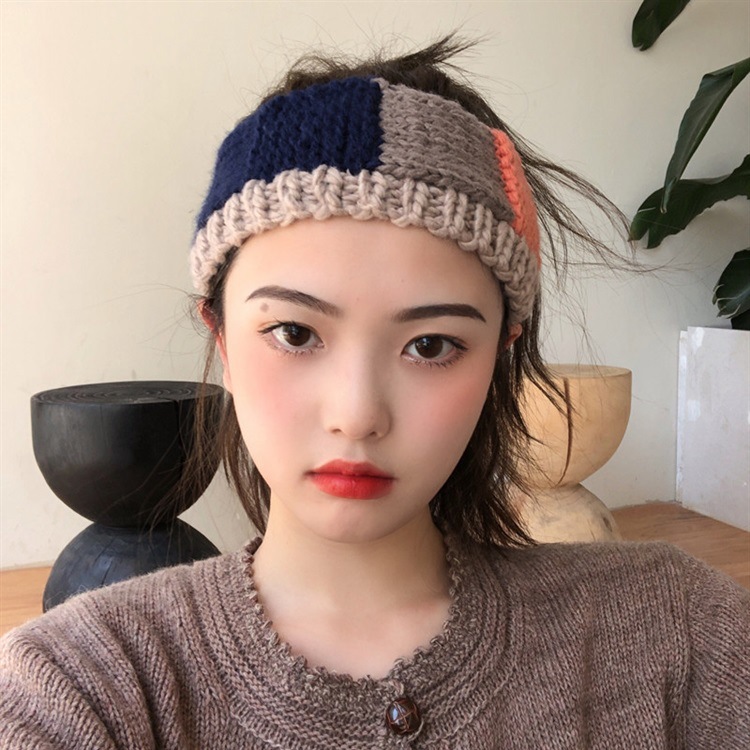 日系vintage文艺手工毛线宽发带个性色系拼接韩国头带